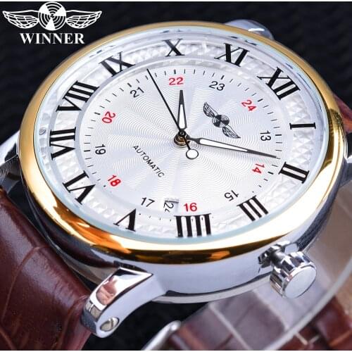 Winner 2019 Fashion White Golden Clock Date Display Brown Leather Belt Mechanical Automatic Watches for Men Top Brand Luxury