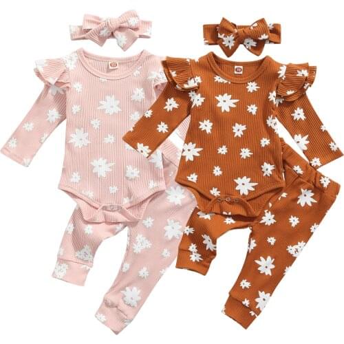 3Pcs Toddler Outfit, Floral Ruffled Long Sleeve Romper + Elastic Waist Pants + Headband for Baby Girls, 0-18 Months