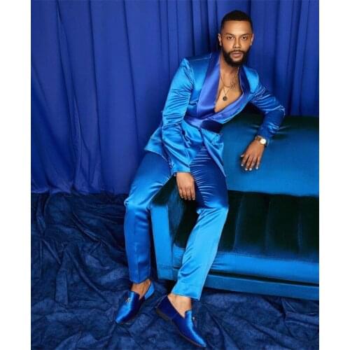 2-Piece Men Suits Silk Satin Wedding Tuxedos Summer Party Wear Fit Fashion Blue Business For Best Man Peaked Lapel Blazer Suit