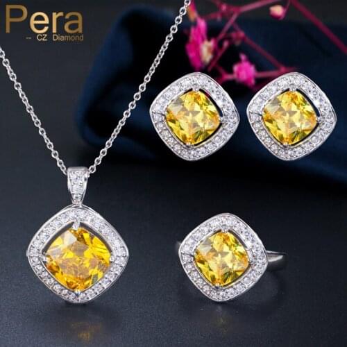 Pera Classic Ladies Costume Party Jewelry Sets for Women Fashion Necklace Earrings Big Square Yellow Topaz Cubic Zirconia J136