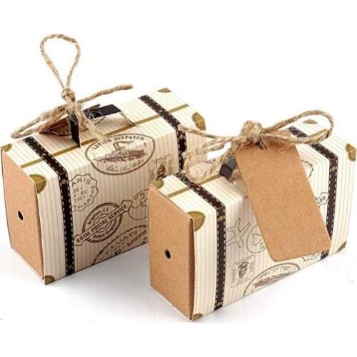 Mini Suitcase Favor Box Candy bag Vintage Kraft Paper with Tags Burlap Twine for Wedding Travel Themed Party Bridal Shower Decor