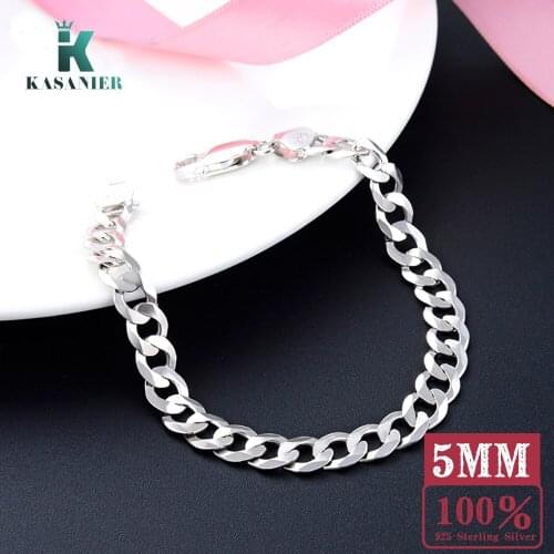 KASANIER Fashion 925 Sterling Silver Bracelet 5MM Men Cuban Horse Whip Chain Silver Bracelet HipHop Style With Certificate