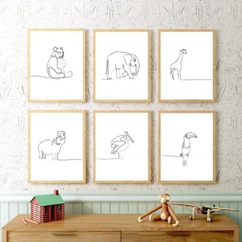 Nursery Wall Art Animal Poster and Print Line Drawing Minimalist Kids Room Wall Decor Modern Gallery Animals Art Canvas Painting