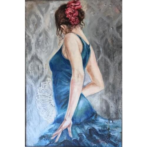 Wall art Canvas oil paintings Flamenco Dancer in blue dress silver modern portrait woman artwork for living room hand painted