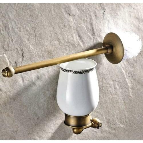 Wall Mounted Vintage Retro Antique Brass Bathroom Toilet Brush Holder Set Bathroom Accessory Single Ceramic Cup mba422