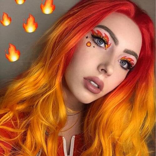 Ombre Orange Red Lace Front Wigs Long Synthetic Bright Fire Color Free Part Heat Resistant Fiber Cosplay Wigs for Women 24 Inch
