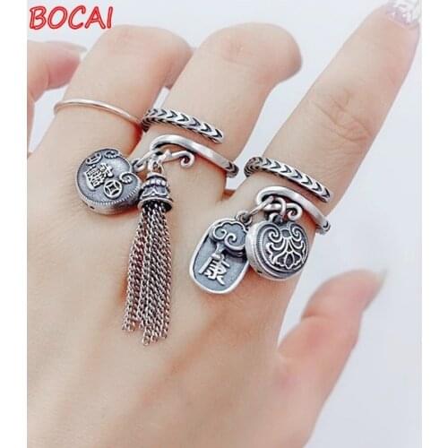Real 999 pure silver wishful tassel female opening retro country style well-being ring