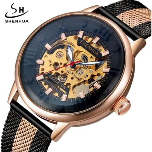 SHENHUA Luxury Automatic Mechanical Wristwatch Men Stainless Steel Skeleton Steampunk Self Winding Watches Male Clock Uhr Reloj