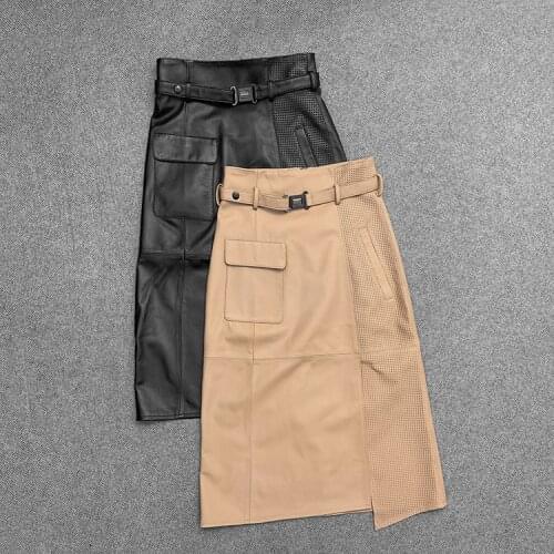 Spring Autumn 2021 New Designer Womens High quality pockets Genuine leather Pencil skirts C191