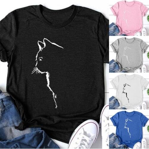 Women Cat Shape Printed Blouses Womens Casual O-neck Cute Animal Cat Print Short Sleeve Shirt Tops Blouses Roupas Femininas