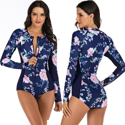 Women Swimwear Floral Print One Piece Swimsuit Long Sleeve Rash Guard Zipper Front Surfing Swimming Bathing Suit S M L XL XXL