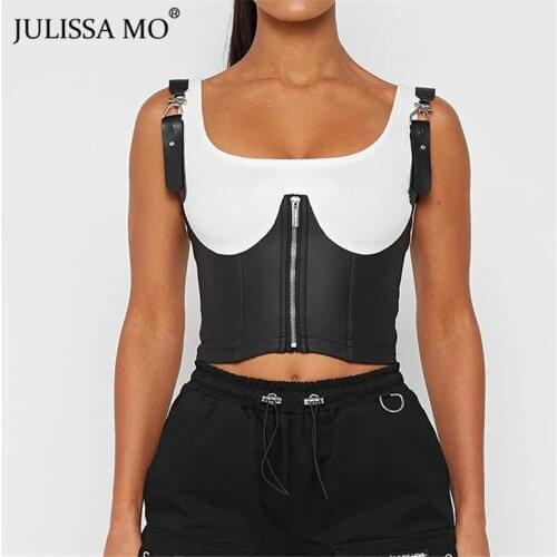 Julissa Mo Sexy Backless PU Leather Cropped Tops Women Zipper Patchwork Slim Tank Tops Summer Sleeveless Casual Vest Streetwear