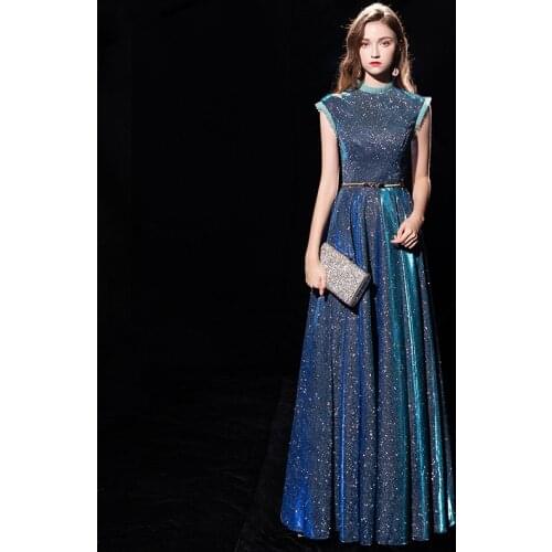 Special Occasion Dress Vintage High Sleeveless Sashes Sequined Luxury Blue Satin A-Line Floor-Length Zipper Lady Prom Gown E1055