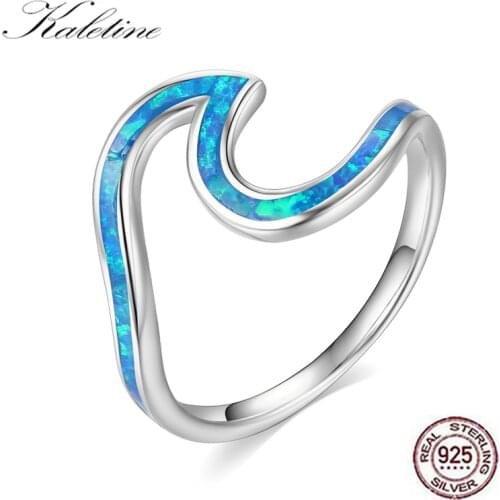 Kaletine 925 Sterling Silver Rings Classic Wave for Women Engagement Finger Ring Blue Opal Female Ring Vintage Wedding Rings