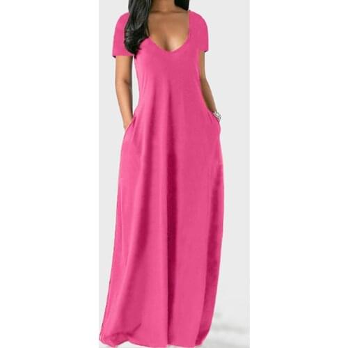 Lady Solid Color Casual Loose Pockets Deep V-neck Sexy Short Sleeve Long Dress Decor Fashion Holiday Robe Maxi Vestido Plus Size