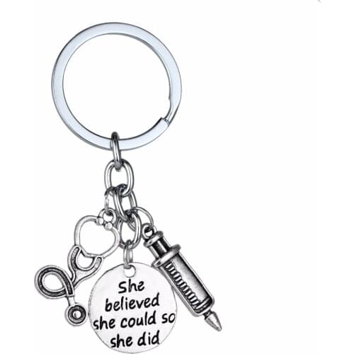 12PC/Lot She Believed She Could So She Did Stethoscope Syringe Charms Keychain For Doctor Nurse Physicians Medical Keyring Gifts