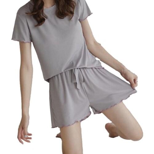 2Pcs Lady Pajamas Comfortable Loose Polyester Women Fungus Edges Nightgown Outfit Set Round Neck Pajama костюм женский летний