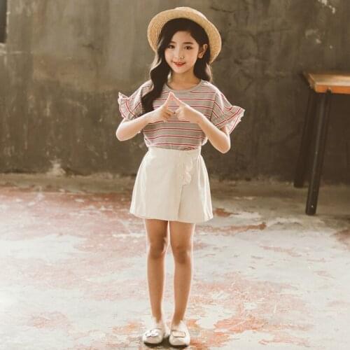 2021 Summer Children Girls Clothing Set Short Sleeve Striped T-shirt Tops High Waist Skirted Shorts 2PCS Clothes 3-12 Years