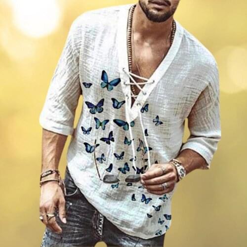 2021 Mens Hollow Out Cotton Oversized T shirt Summer Male Sexy Deep V Neck bandage Men Clothing Casual Butterflies Printed Tops