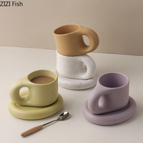 300ml Creative Solid Color Mug with Saucer Ceramics Coffee Cup Set Nordic Style Home Office Desktop Breakfast Milk Cup Teacup