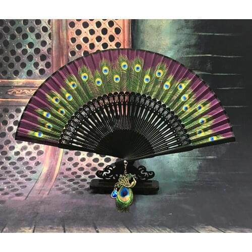 50pcs/lot Vintage Retro Peacock Folding Fan Hand Bamboo Silk Dance Fans Home Decoration Great Gifts For Friend SN2318