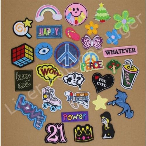 Free Shipping 10 pcs Power Happy Whatever Words Embroidered Iron on Motif Applique garment repair decor patches DIY accessory