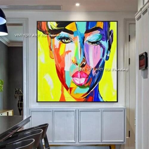 Big size hand-painted women face oil painting yellow canvas portrait artist decoration painting home modern wall decoration