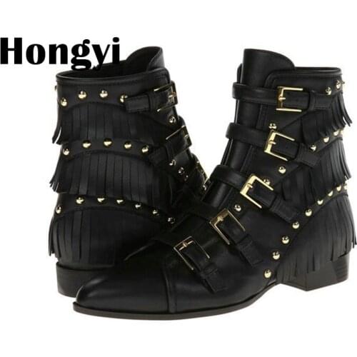 Fashion Tassel Black Real Leather designer Buckle Straps Short Boots Women Pointed Toe Motorcycyle Bota size 34 to 43