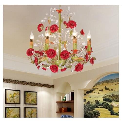 Floral E14 6arms Pendant Chandelier Red Ceramic Iron Crystal Hanging Dining Room Living Room Rose Lights Girls Home Decoration