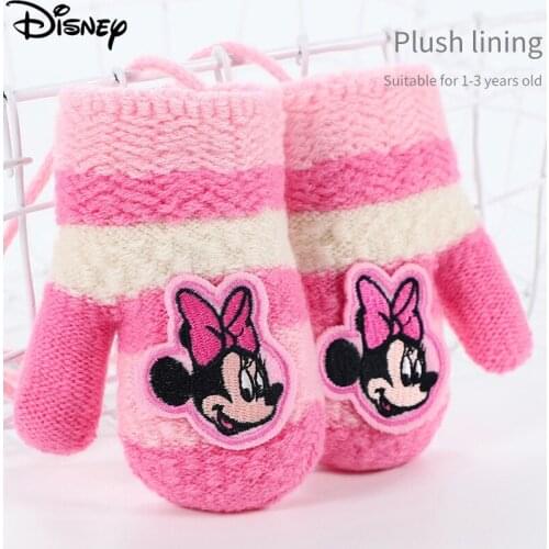 Disney Minnie Childrens Gloves Winter Warm Baby Gloves In Autumn and Winter Knitted Mitten Embroidery Girl Thickened Gloves