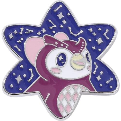 Game Animal Crossin Brooch, Stars, Owl, Cute Animal Pin, Purple Shiny Badge, Cartoon Character, Ornament for Children