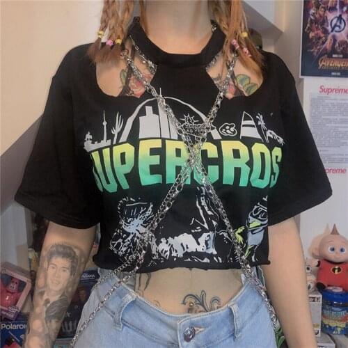 Kalenmos New Design Sense Printed Womens T-shirt Hip-hop Short-sleeved T-shirt Punk Style Wild Hollow Thin Loose Woman Tshirts