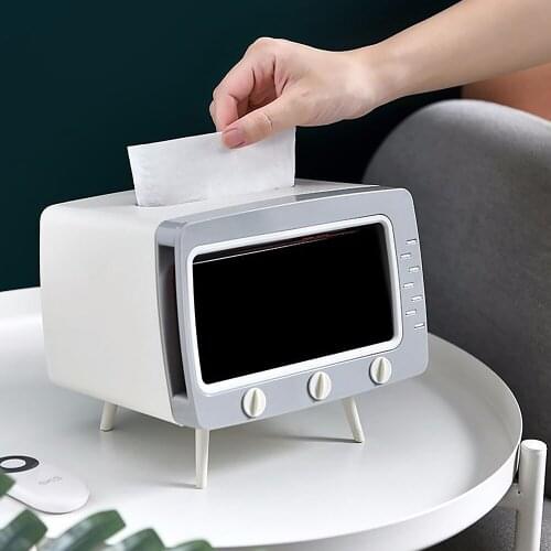 Creative TV-Shaped Tissue Box Holder Phone Stand Multi-Purpose Tissue Dispenser Organizer Box Home Office Car Bathroom Supplies