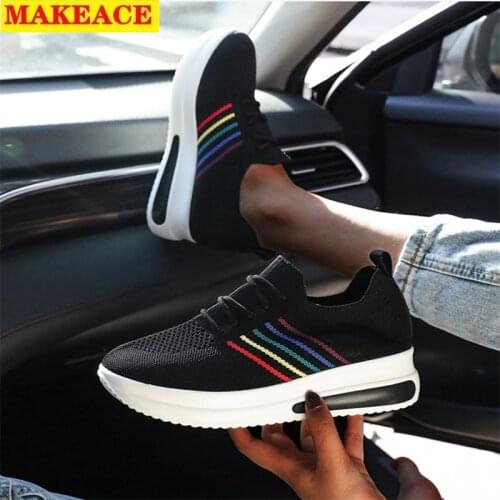 Womens Fashion Soft Bottom Outdoor Sports Shoes Soft Bottom Knitting Breathable Comfortable Mesh Shoes Vulcanized Flat Shoes