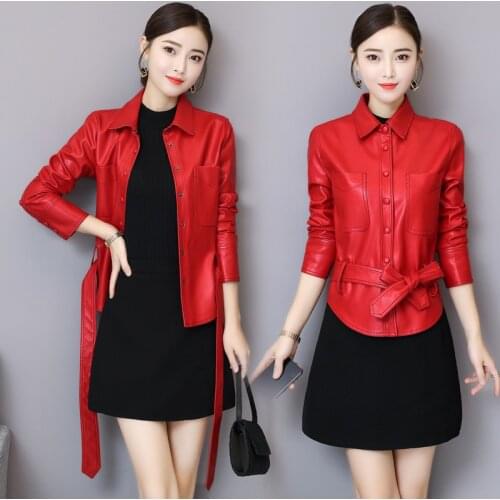 New Autumn Women Pu Leather Jacket Womens Moto Biker Jacket With Belt Short Length Casual Black Faux Leather Jacket