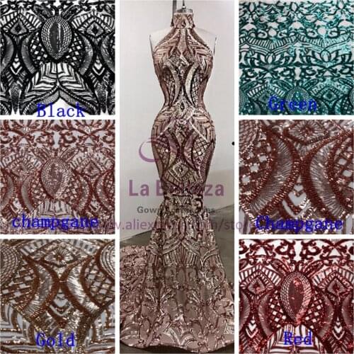 La Belleza 1 yard Champgane/gold /green/black/red on nude net embroidery sequins evening/wedding dress lace fabric 51