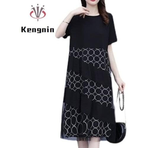 Summer Dress for Women 2021 New Plus Size 5XL Black Dresses Ladies Vestidos Mesh Patchwork Print Loose Female Robe Dress KE1567