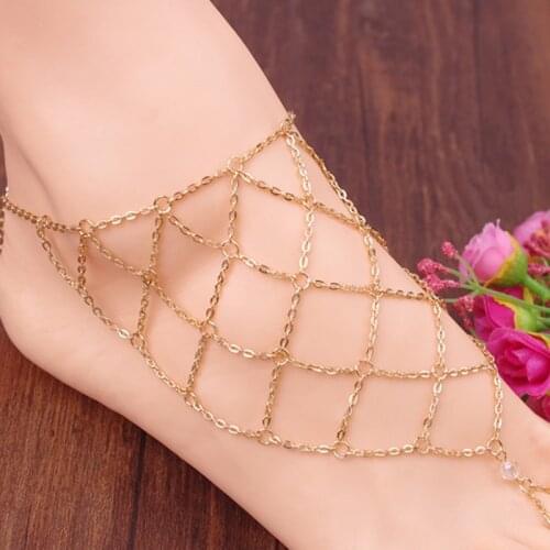 Fashion Summer Sexy Barefoot Sandals Slave Mesh Net Anklet Multi-layer Chain Toe Foot Ankle Jewelry