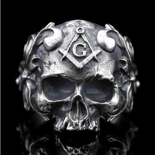 Men Skull Biker Ring Vintage Silver Color Mask 316L Stainless Steel Ring Freemason Party Jewelry