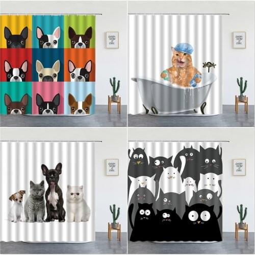 Cat Dog Printed Shower Curtains Set Cartoon Animal Wall Hanging Bathtub Screen Kids Bathroom Decor Polyester Fabric With Hooks