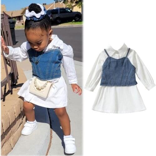 1-7 Years Toddler Girl 2pcs Outfits Long Sleeve Button Down Shirt Dress Denim Camisole Top Set Kid Girl Spring Fall Clothing Set