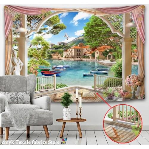 3D Island Landscape Tapestry Arch Window Landscape Painting Wall Tapestry Nordic Style Home Decoration Painting Wall Hanging
