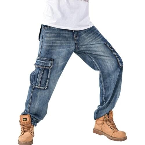 New Men Street Dance Hiphop Jeans Fashion Blue Loose Board Denim Pants Overall Male Rap Hip Hop Jeans Plus Size 30-46