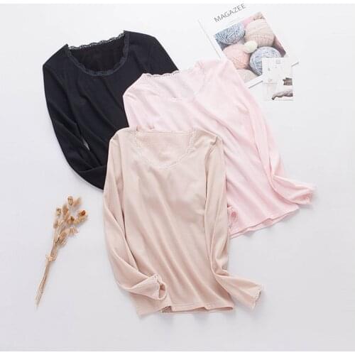 Birdsky, 1PC Women mulberry silk pullover T shirt tops, lace round neck, warm fleece thermal Tees, 3 solid colors. OR-53