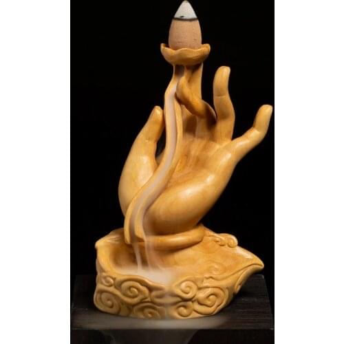 10CM Buddha Hand Home Decor Wood Incense Burner,Wood Carving Creative Solid Wooden Incense Stick Guan Yin Hand