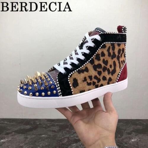 Leopard Print Comfortable High Top Lace Up Leisure Style Patent Leather Gold Rivet Flats Chaussures Male Vulcanized Shoes