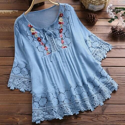 Women Vintage Lace Patchwork Bow V-Neck Three Quarter Blouses Top blue pink elegant summer shirts female blouse dentelle femme