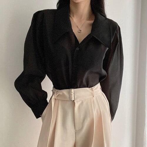ZCSMLL Lapel Single-breasted Loose Tops Micro-transparent Black Blouise Puff Sleeve Sunscreen Shirt Women 2021 Spring Summer
