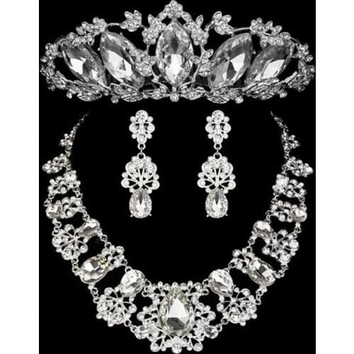 Crystal Flower Bridal Jewelry Sets Bride Choker Necklace Earrings Tiaras Crown Wedding Jewelry Sets Luxury Accessories For Women