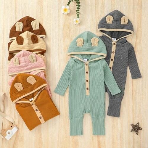 0-12M Newborn Baby Boy Girl Autumn Clothes Long Sleeve Solid Color Bunny Ear Hooded Romper Jumpsuit Kids Clothing